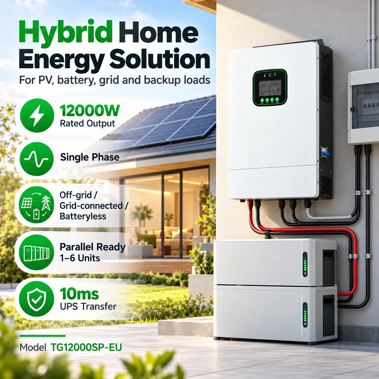 Hybrid home energy solution: 12000 W rated output, single phase, 10 ms UPS transfer