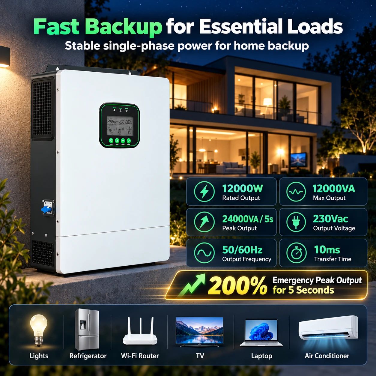 Fast backup for essential loads: 12000 W rated, 12000 VA maximum, 24000 VA for five seconds