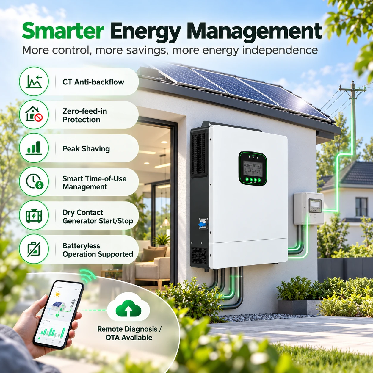 Energy management features: CT anti-backflow, zero-feed-in, peak shaving and time-of-use