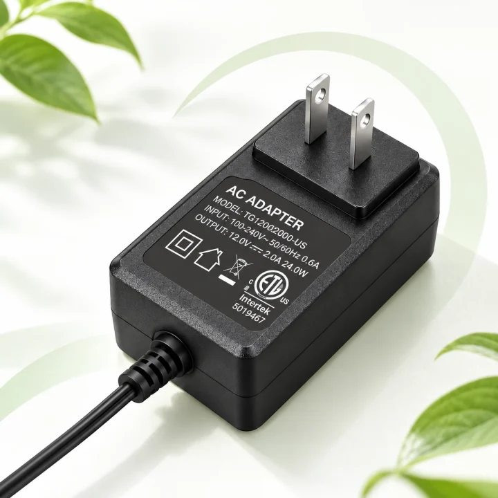 24 W US-plug adapter, rating label facing the camera