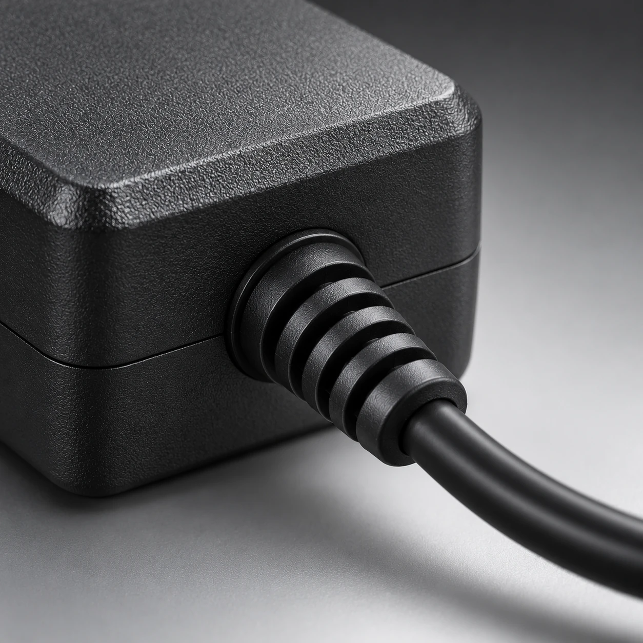 close view of the strain relief where the cable leaves the housing