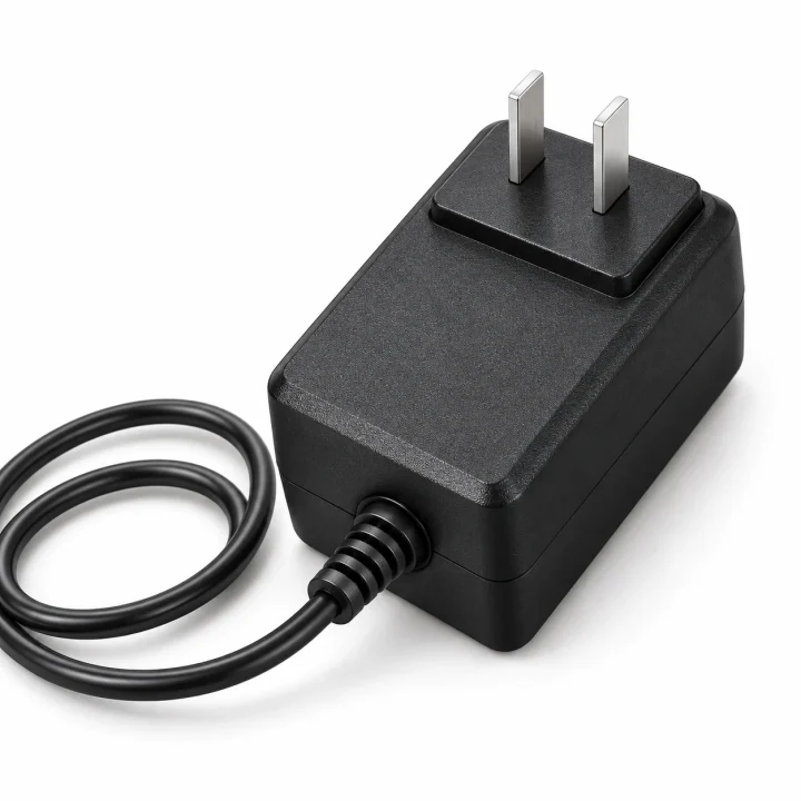 24 W US-plug style adapter, coiled DC cable on a white background