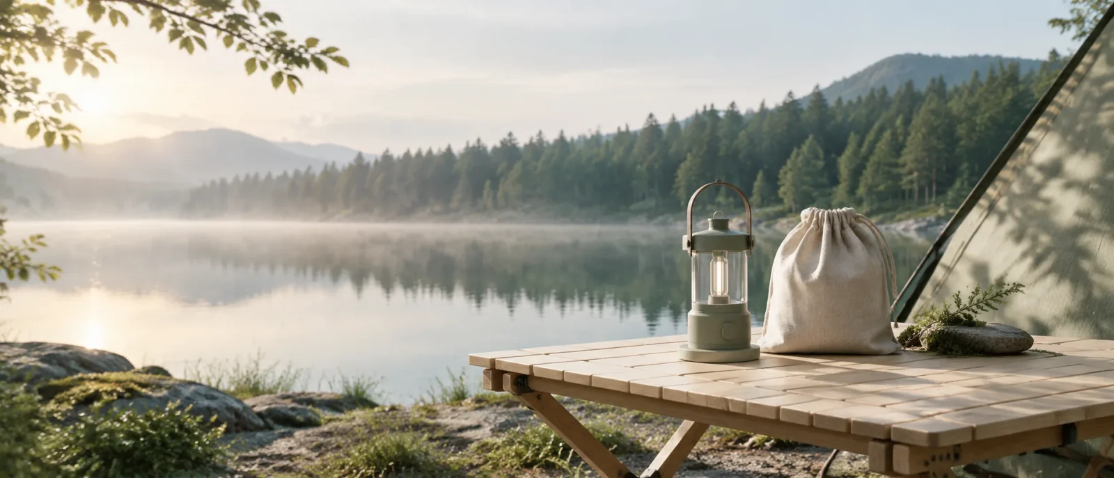 A folding table, lantern and linen bag at a misty lakeside campsite in early light.