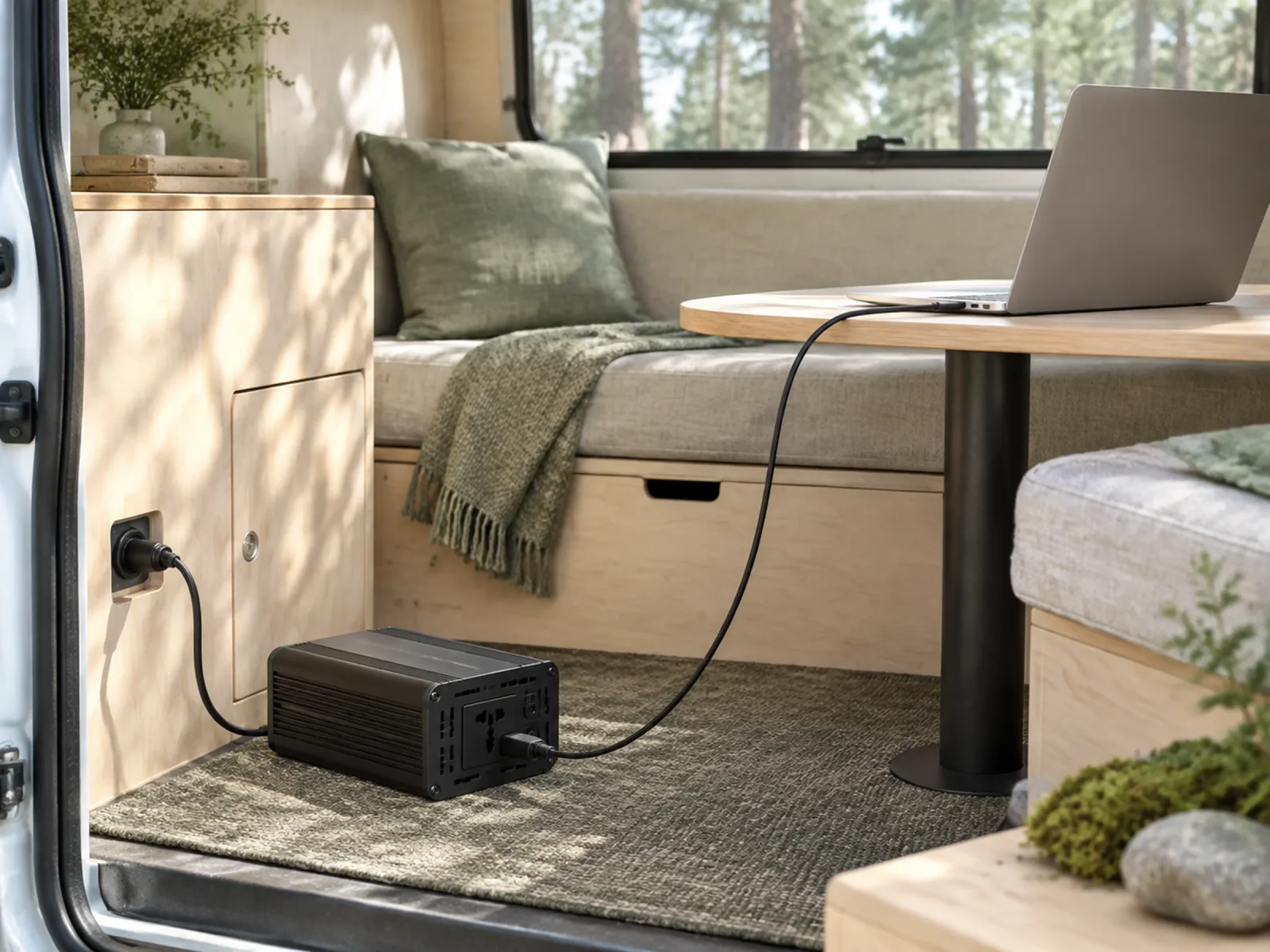 A compact power inverter on the floor of a camper van, powering a laptop on a small table.
