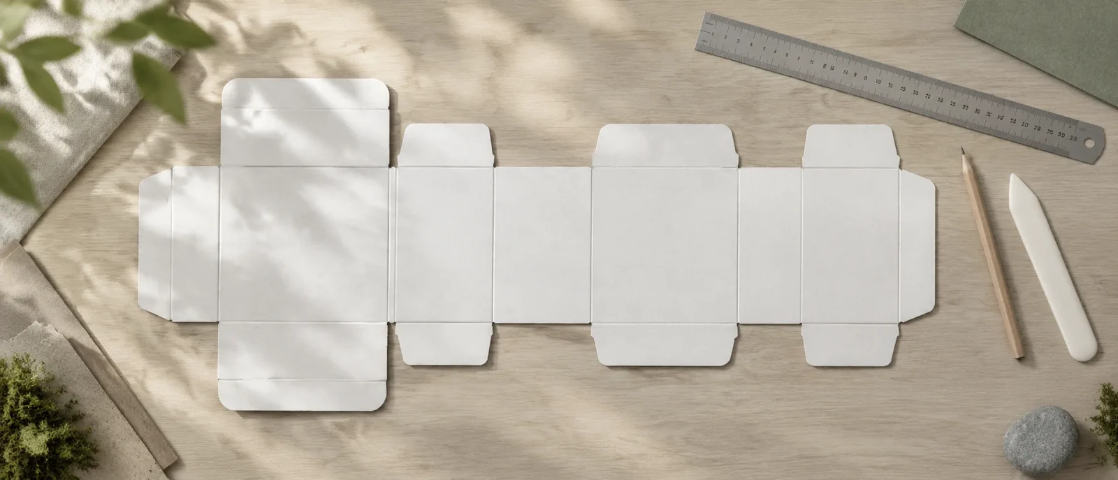 An unfolded blank box dieline, steel ruler, pencil and bone folder on a pale wood worktable.