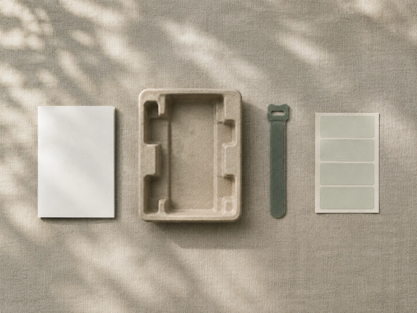 A blank manual booklet, pulp insert, cable tie and blank label sheet arranged on linen.