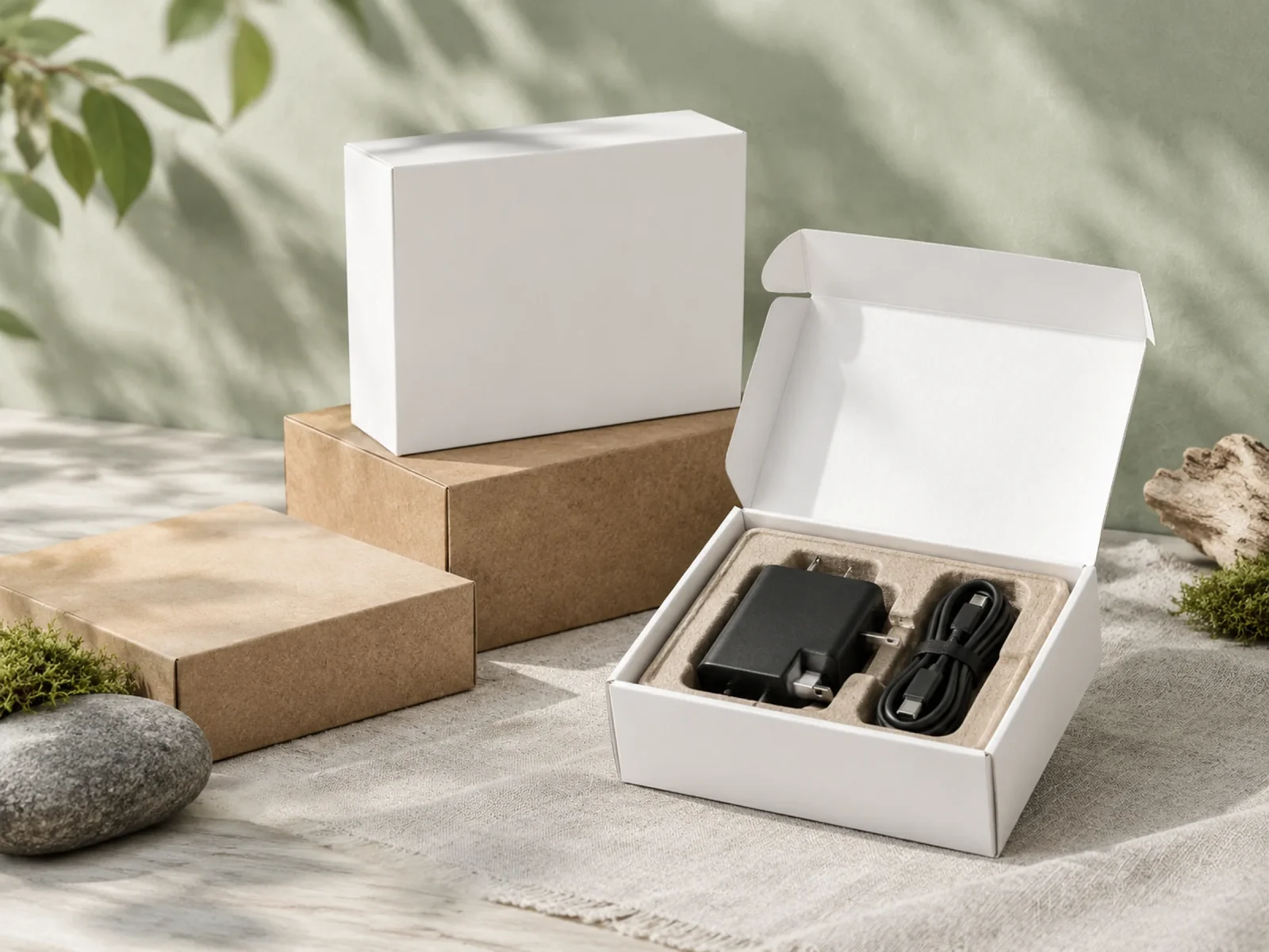 Blank white and kraft retail boxes with one open box showing a black adapter in a pulp tray.