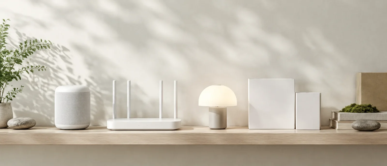 A row of small consumer devices and plain retail boxes on an ash shelf in soft daylight.