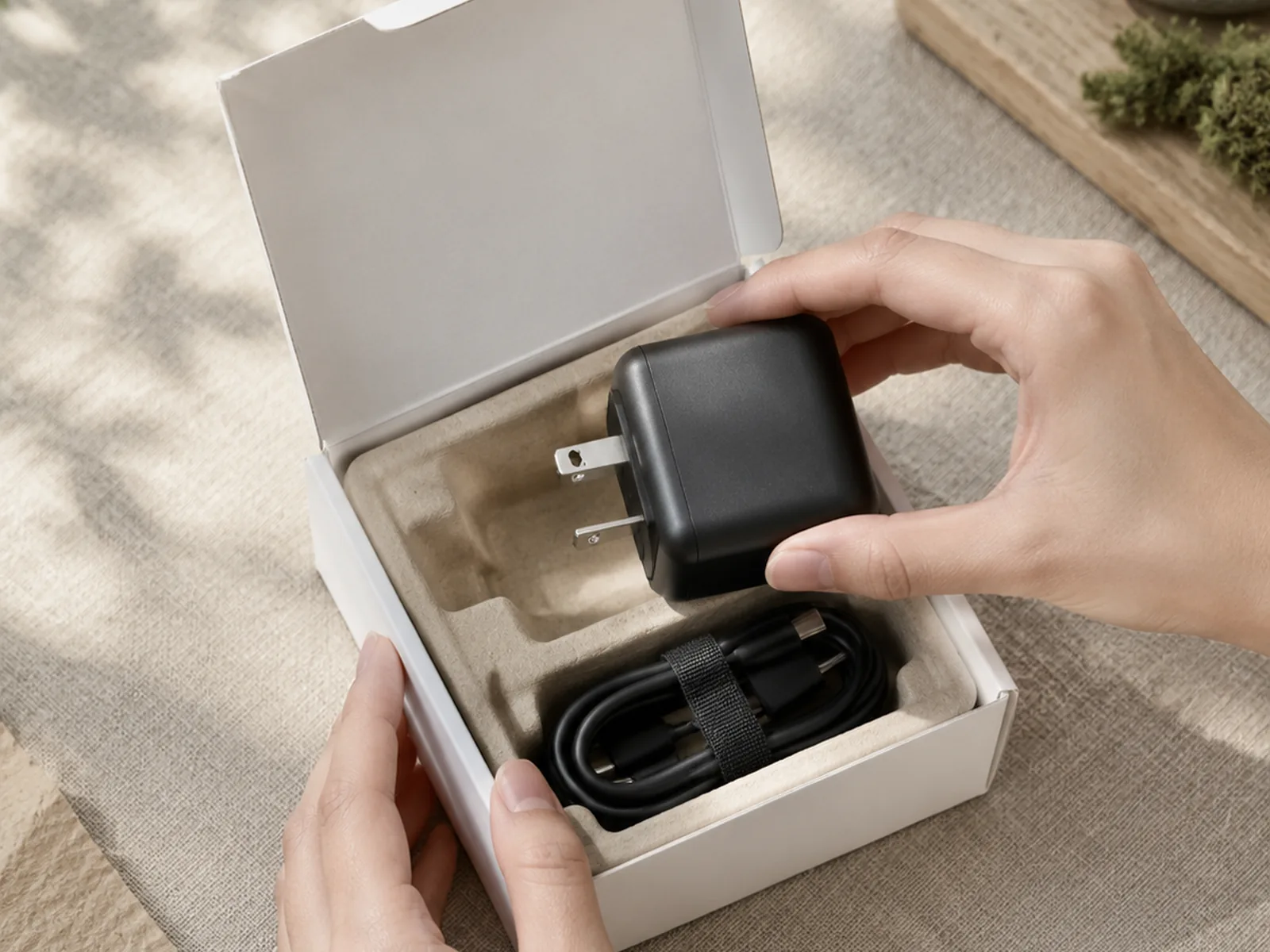 Hands lifting a compact black power adapter out of a plain white retail box with a pulp tray.