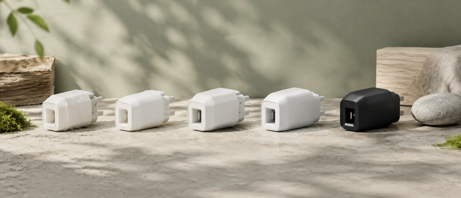 Five white 3D-printed adapter prototypes from rough to refined, ending at a black production housing.