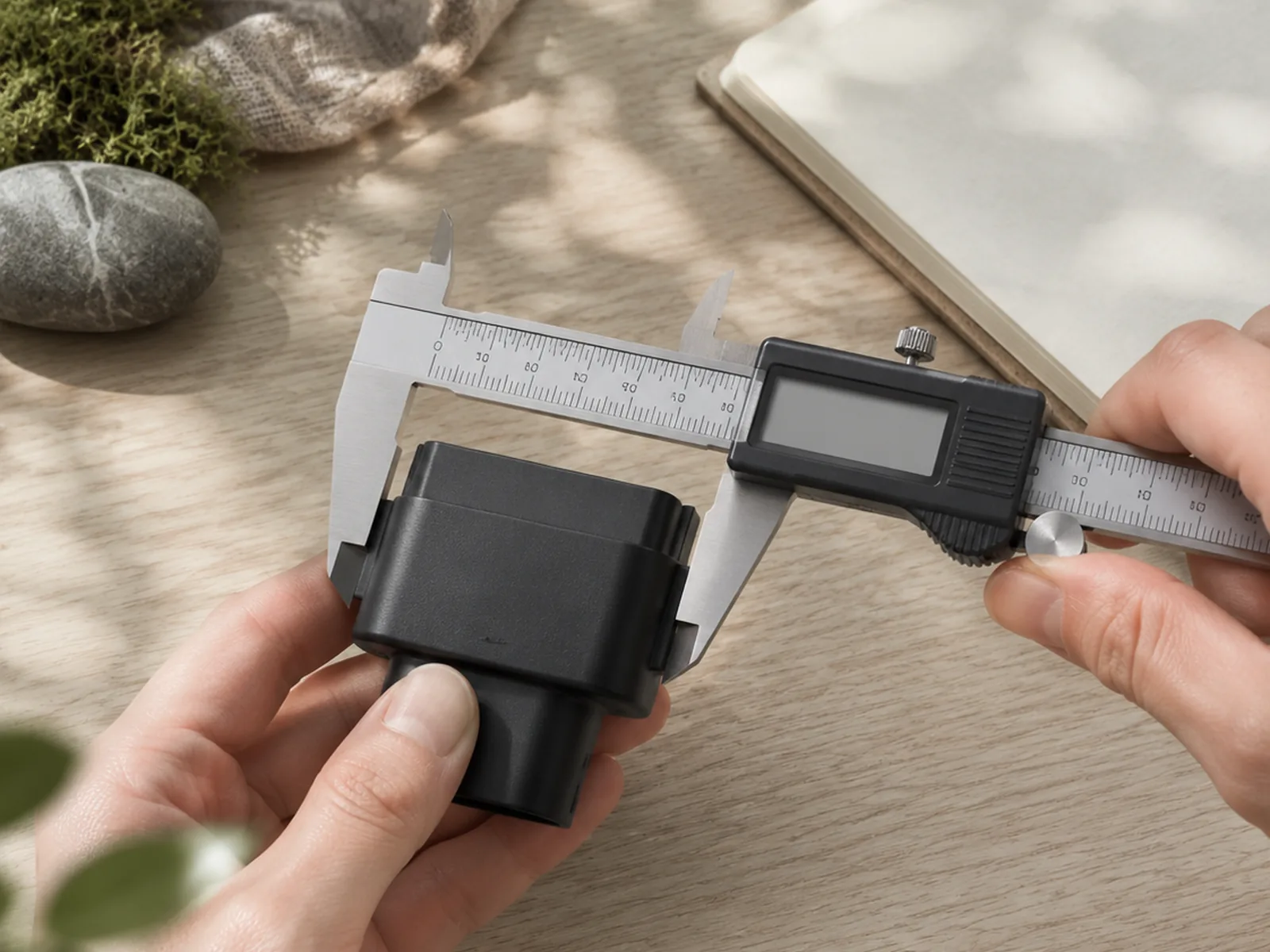 Hands measuring a black adapter housing with a digital caliper on a wooden bench.