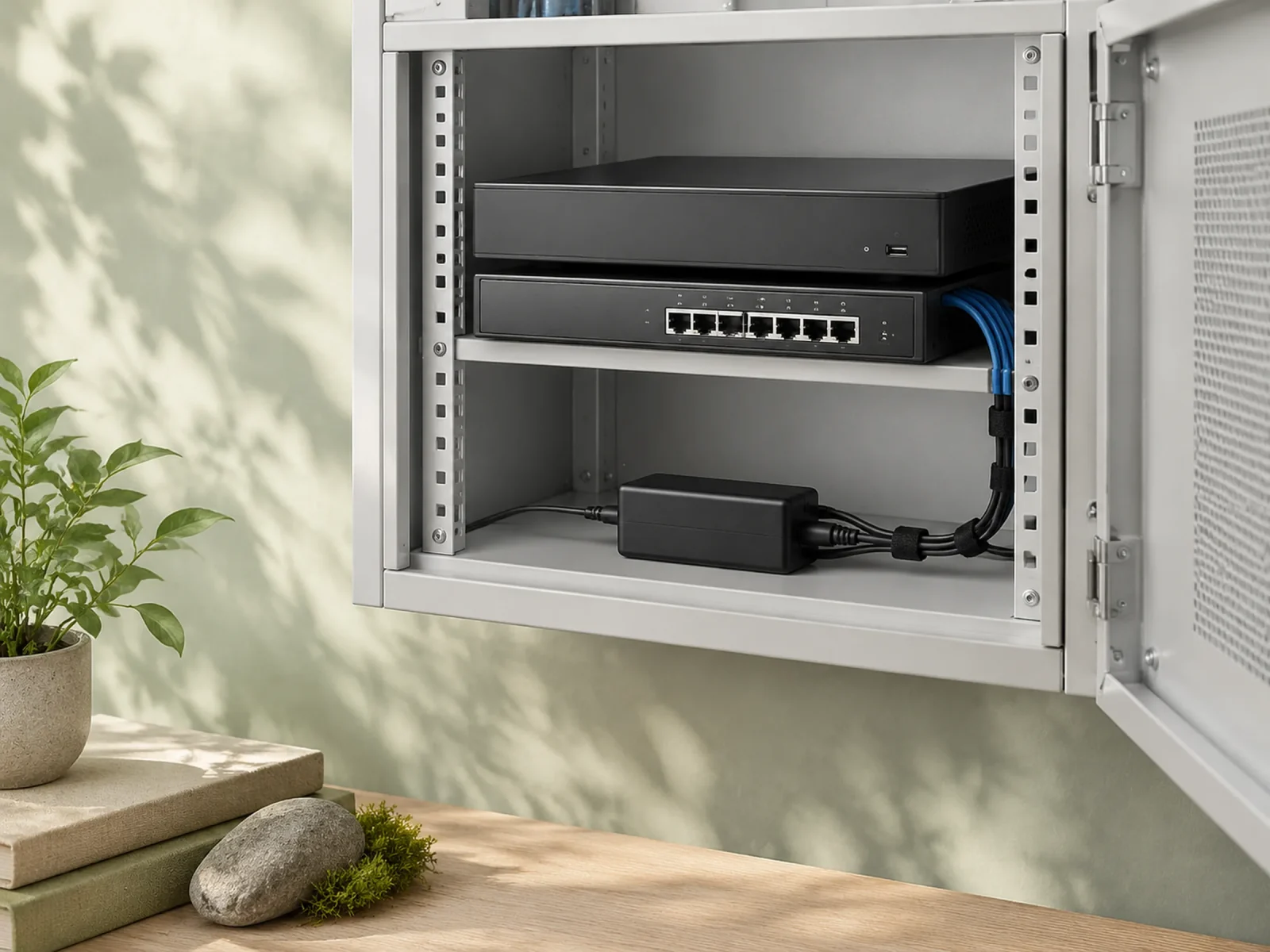 A compact power adapter powering a network recorder and switch inside a tidy wall cabinet.