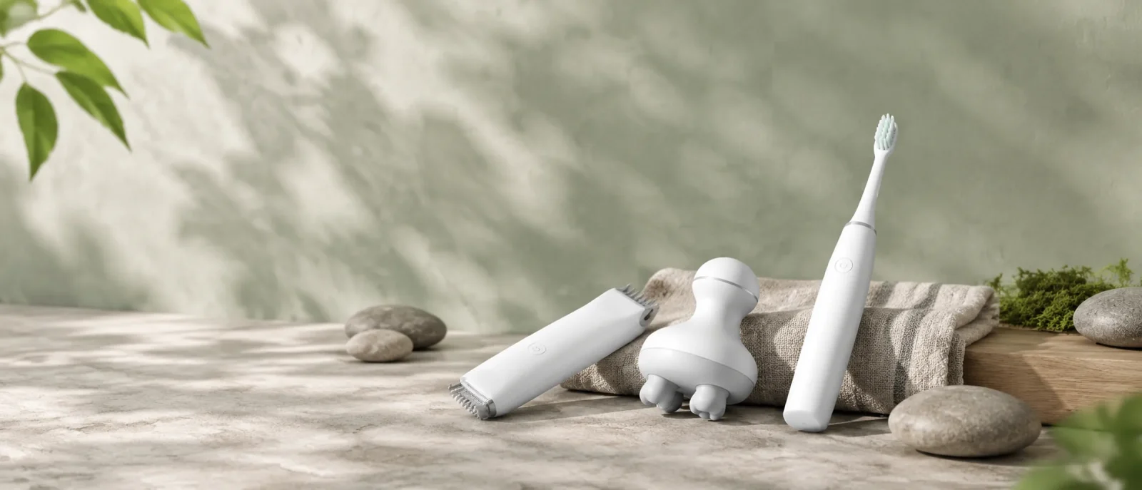 Personal-care devices, a folded linen towel and river pebbles on a light stone surface.
