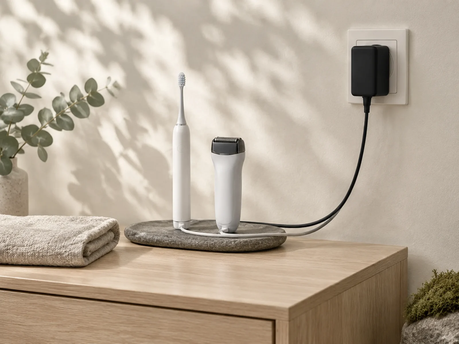 A wall adapter charging an electric toothbrush and a shaver on a bedroom dresser.
