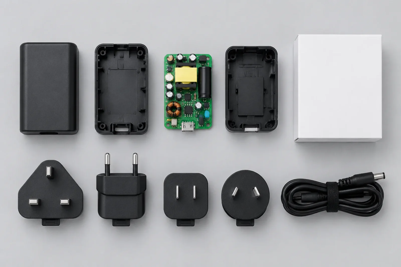 Adapter housing shells, bare power board, EU/UK/US/AU plug heads, DC and USB-C cables and a plain sample box laid out in a grid
