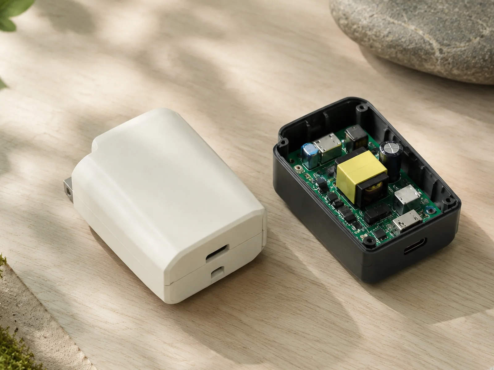 An off-white adapter housing beside an opened black housing showing its circuit board.