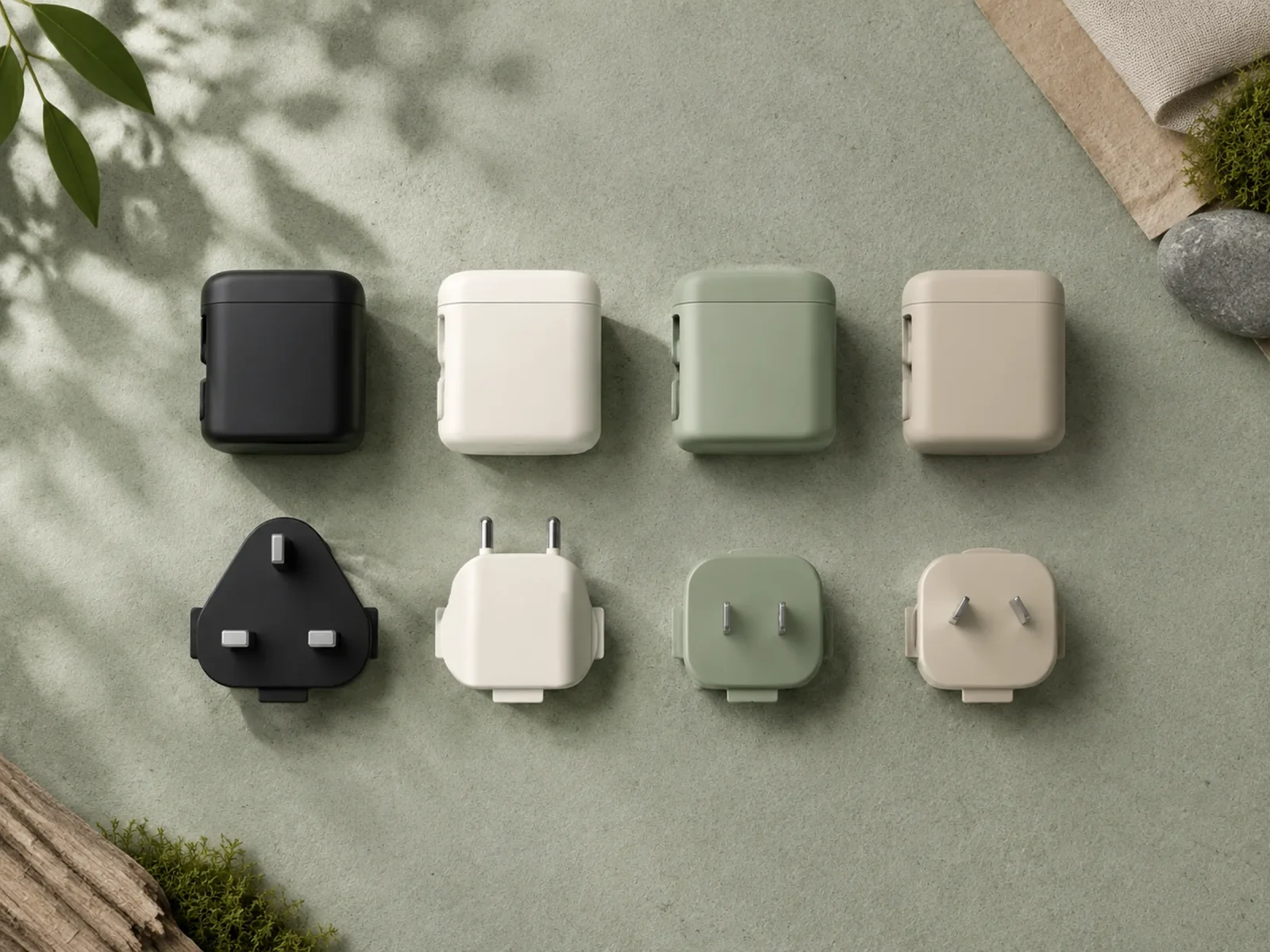 Four adapter housings in different colourways above four interchangeable plug heads on grey-green paper.