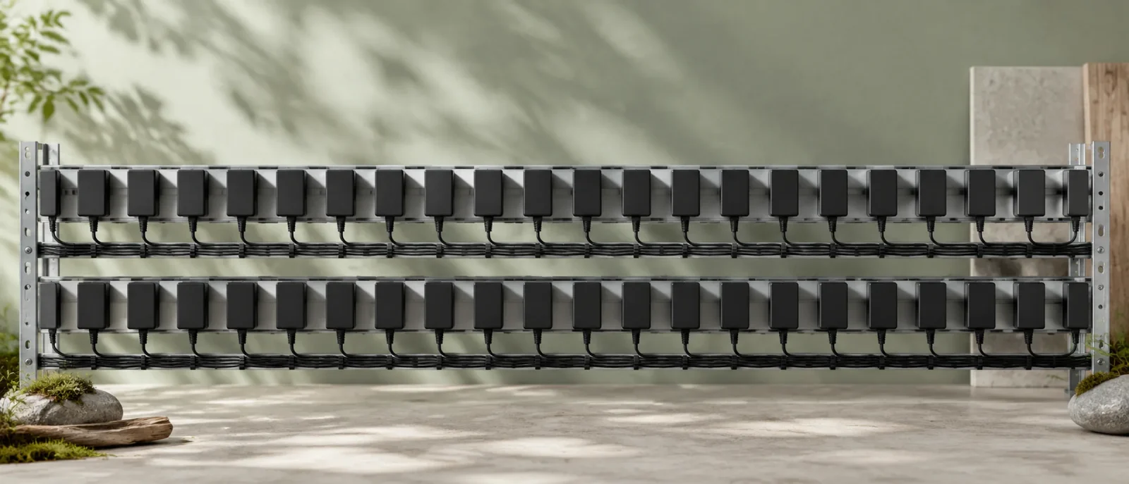 Rows of identical black adapters plugged into a metal burn-in aging rack.