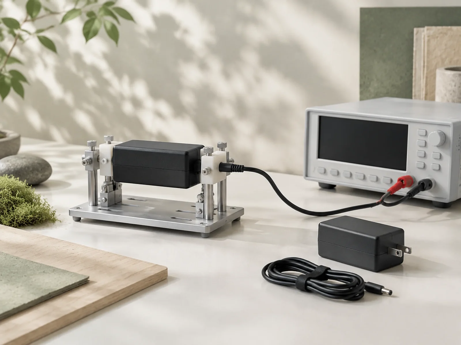 A black adapter held in a test fixture on a workbench, its cable clipped to a bench meter.
