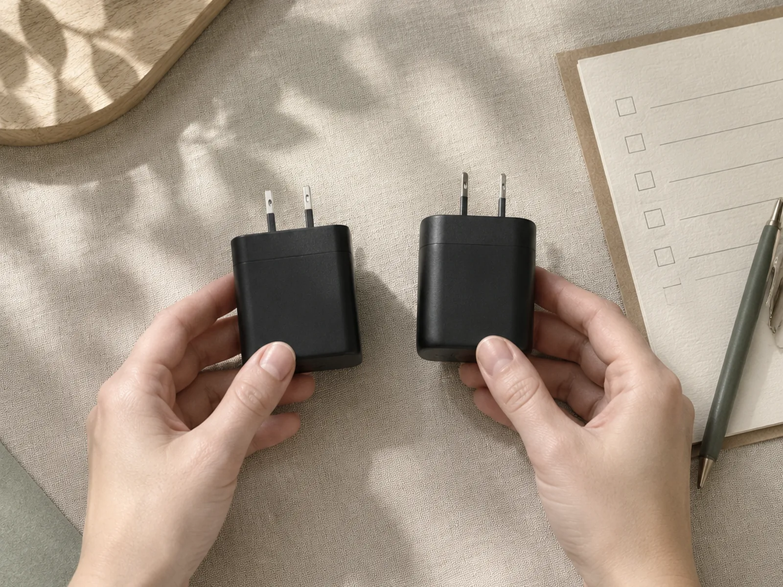 Two hands placing two similar adapter samples side by side on linen beside a blank checklist.