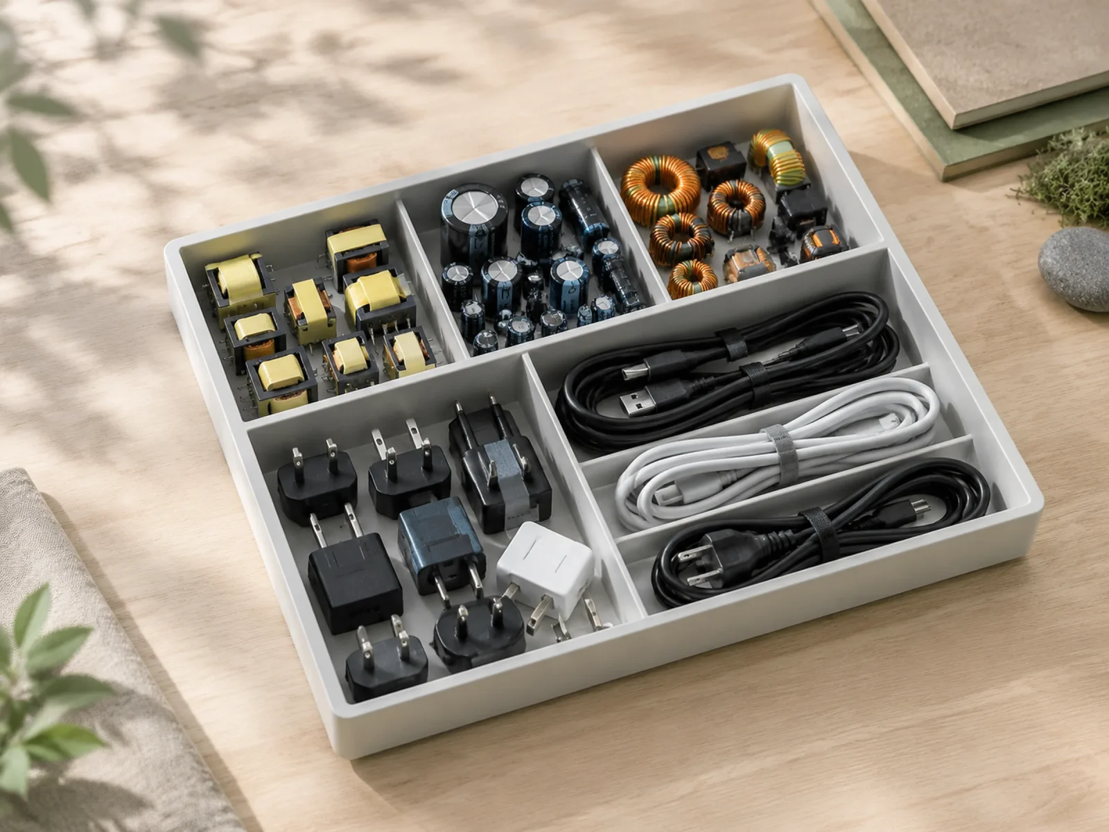 A compartment tray of sorted transformers, capacitors, coils, plug heads and cables on a wood bench.