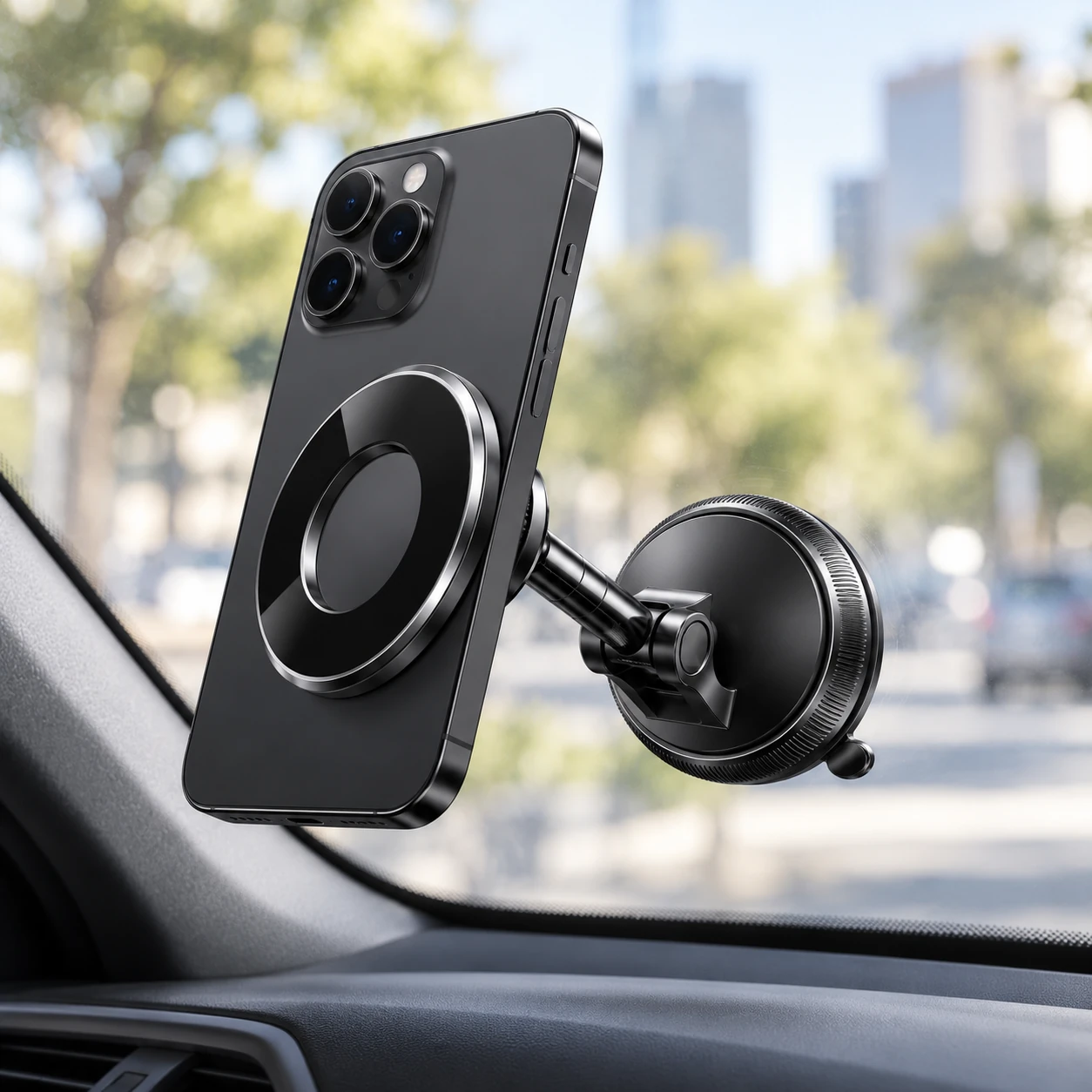 car phone mount holding a plain dark phone at a windscreen