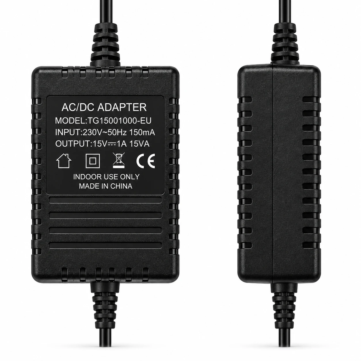 front and side views of the adapter, rating label legible