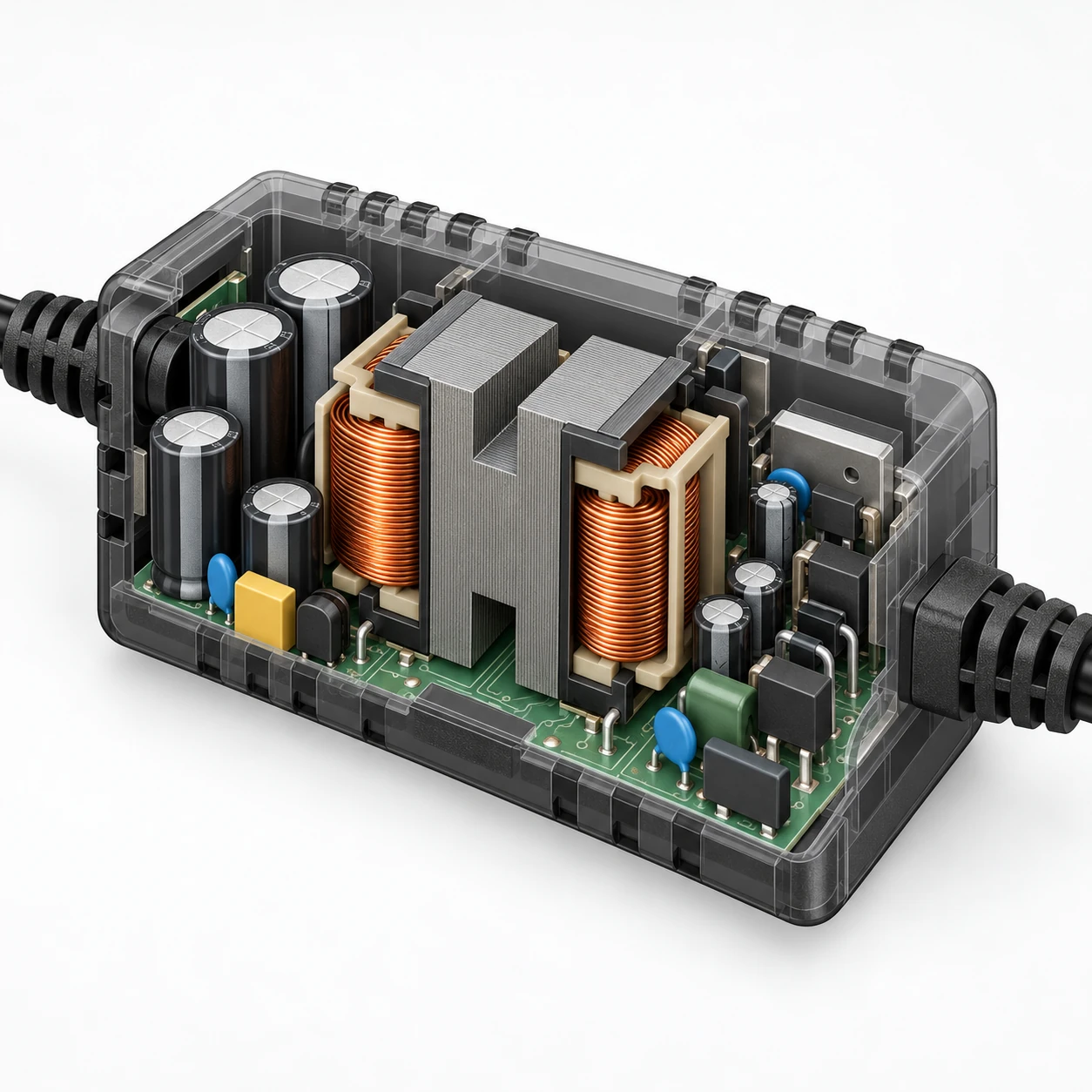 illustrative cutaway of the linear transformer inside the housing, not a photograph