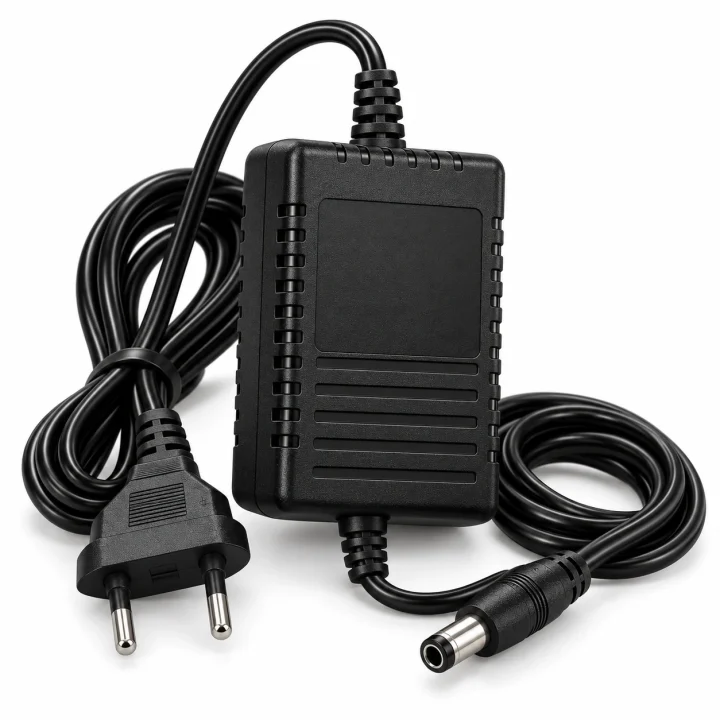 15 V 1 A linear adapter, black housing, coiled AC and DC cables on a white background