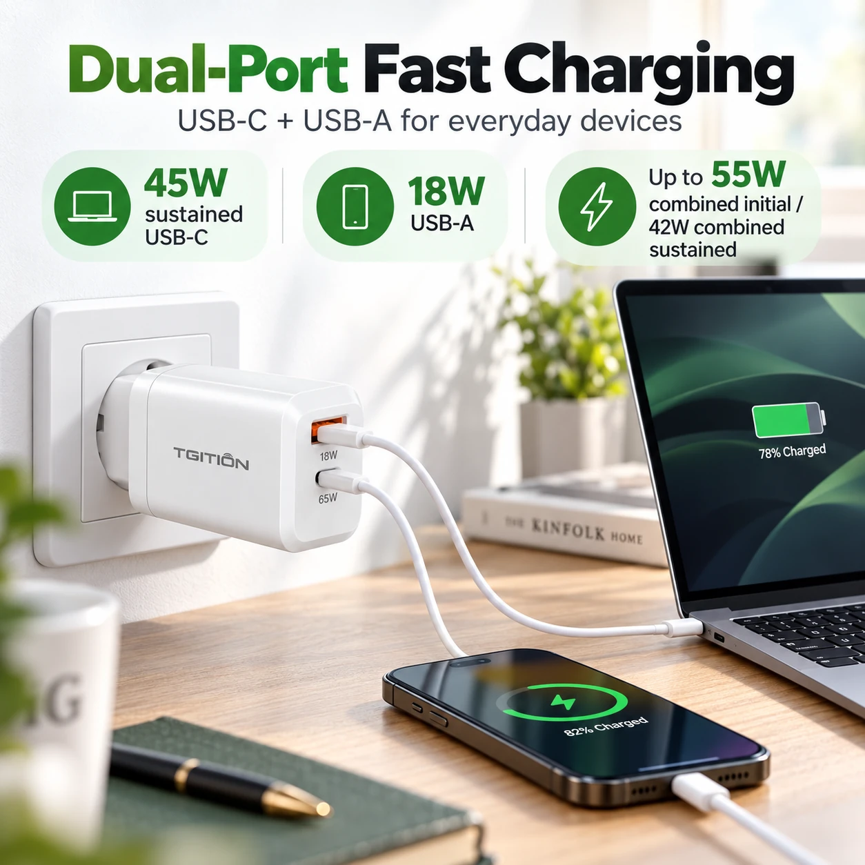dual-port fast charging: 45 W sustained, 18 W USB-A