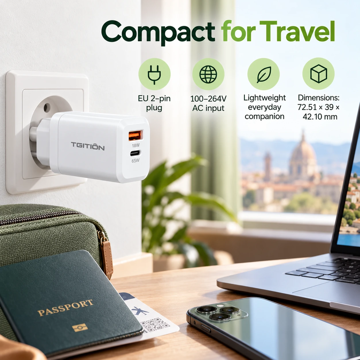 compact for travel: EU plug, 100–264 V input, 72.51 × 39 × 42.10 mm