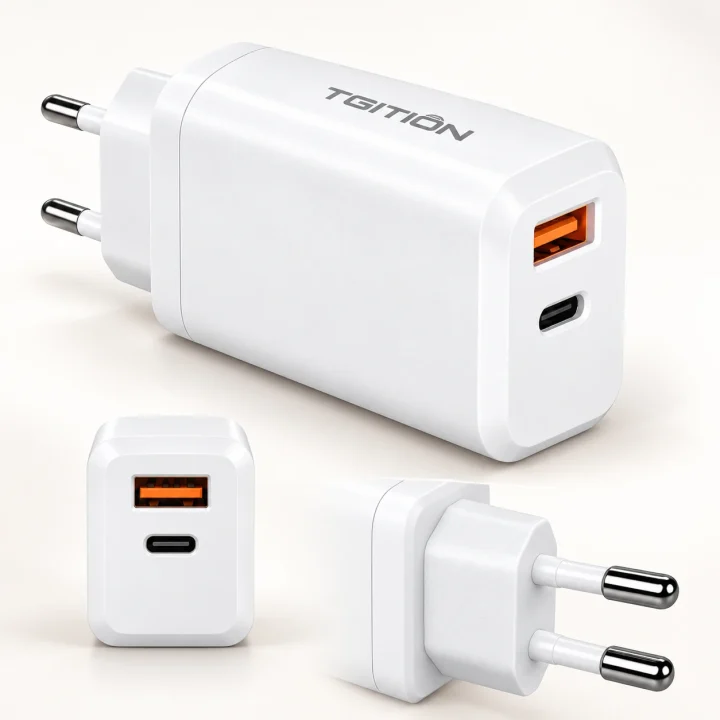 45 W EU charger with a USB-C and a USB-A port, plus the plug face