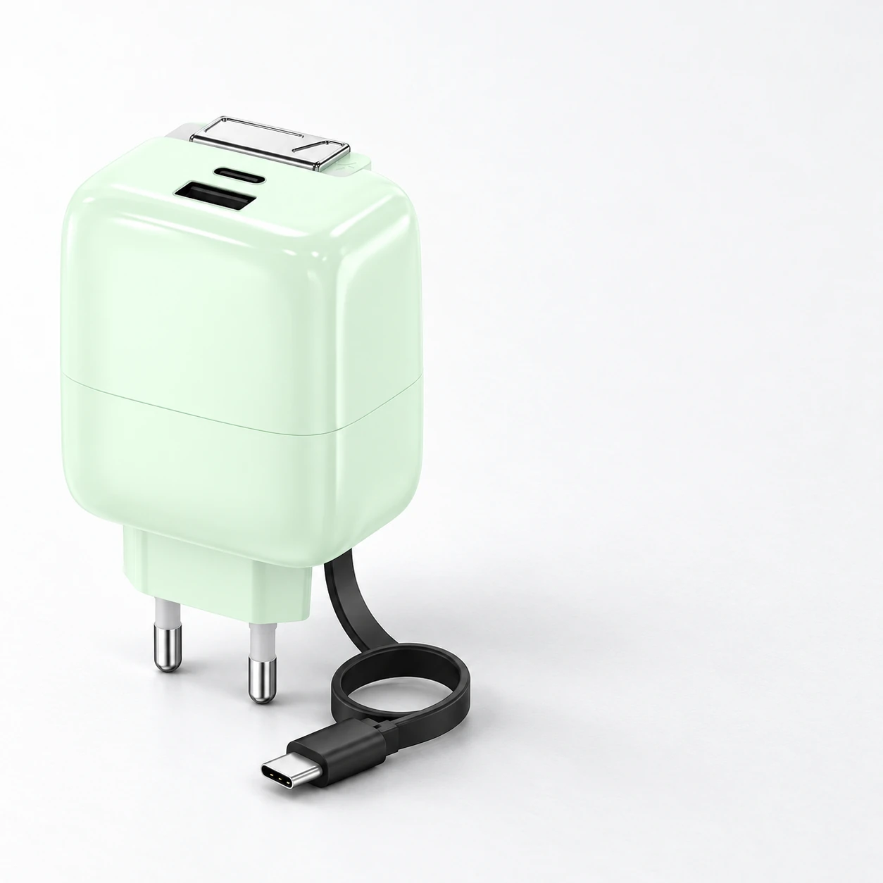 65 W charger on a plain background with the retractable cable uncoiled