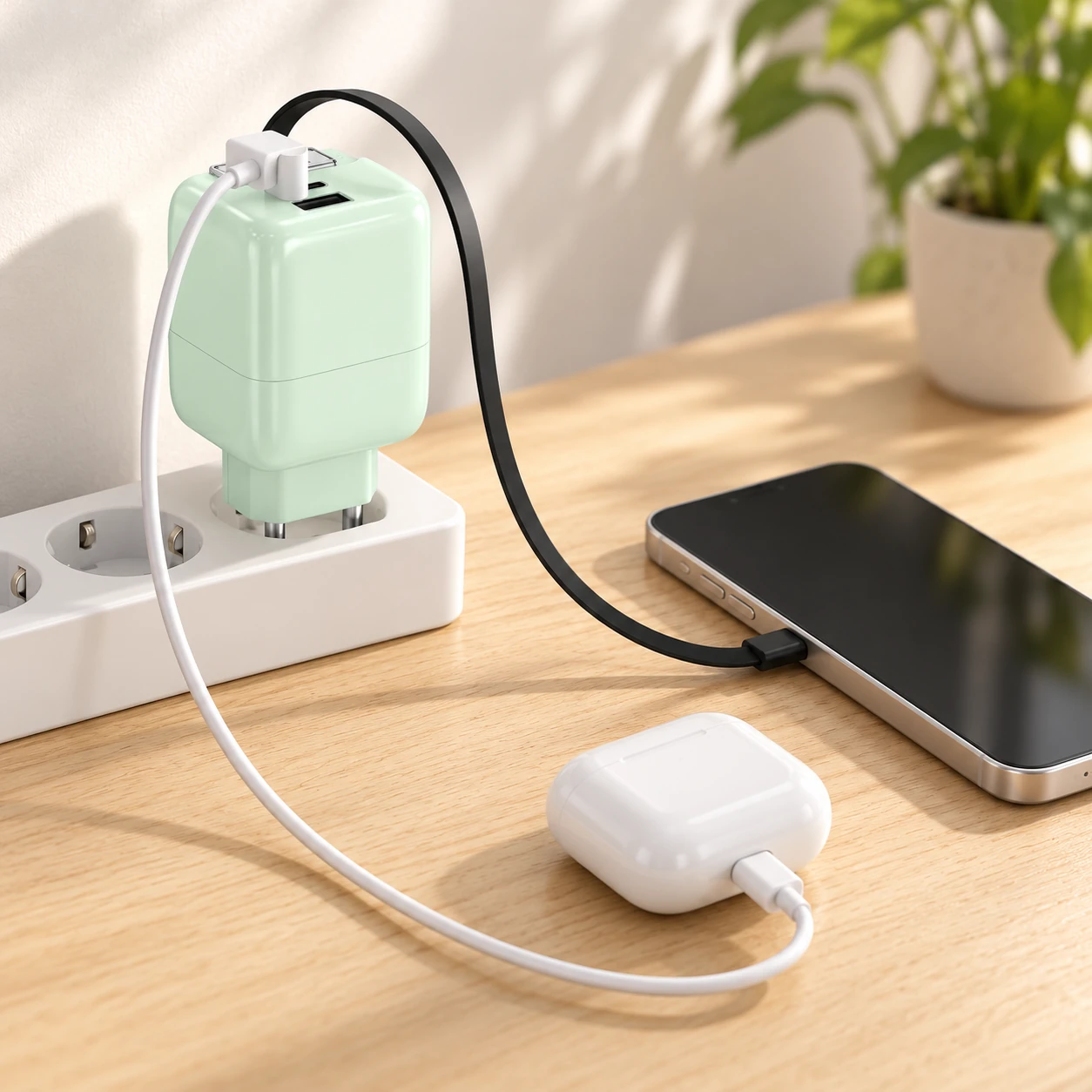 65 W charger charging a phone and an earbud case from two ports