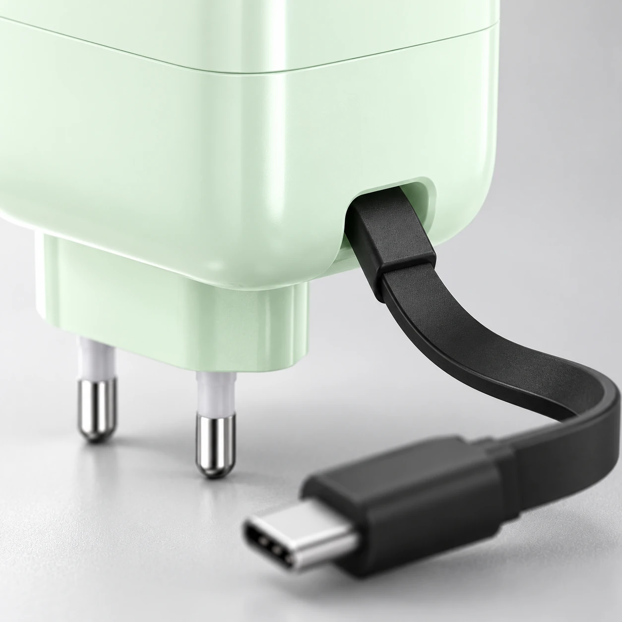 close view of the cable outlet and the flat retractable lead