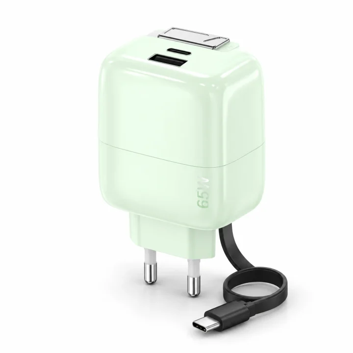 65 W charger with a retractable USB-C cable, mint green, EU plug