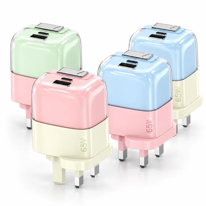 four two-tone combinations with UK plugs on a white background